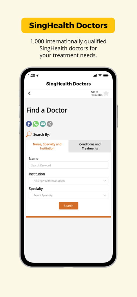 Mobile search interface of the Health Buddy app used to find SingHealth doctors by name, institution, or specialty.