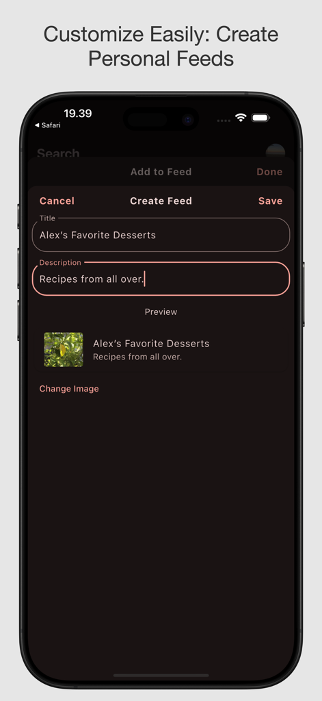 Interface do aplicativo Haps para criar um feed de conteúdo personalizado