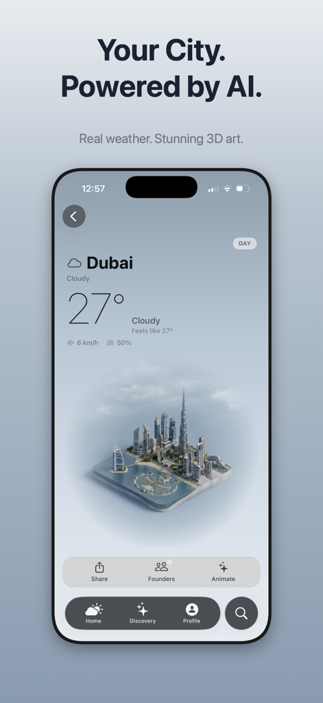 Atlantis AI - 3D Weather App - Atlantis AI weather app interface featuring a 3D miniature diorama of Dubai skyline with cloudy conditions and 27 degrees