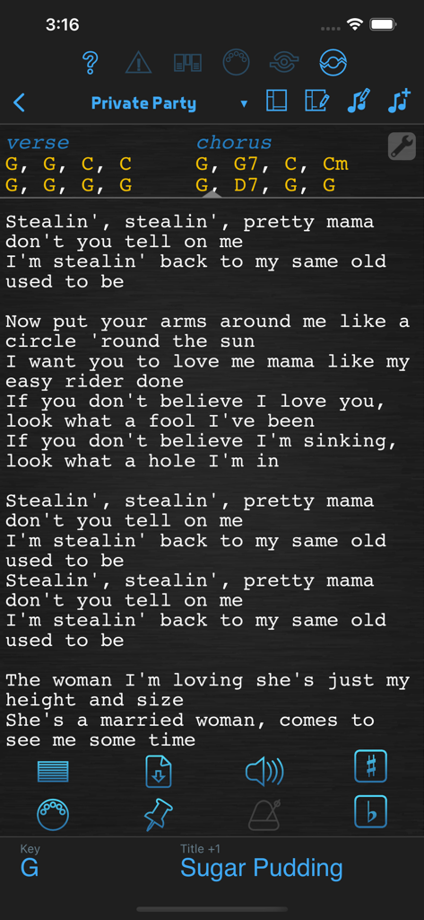 BandHelper - BandHelper app screen showing song lyrics and chords for a live performance