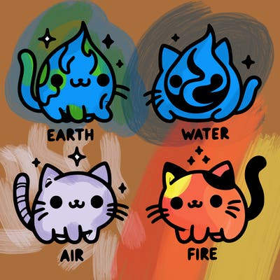 4 cats that represent the different elements, earth, water, air, and fire