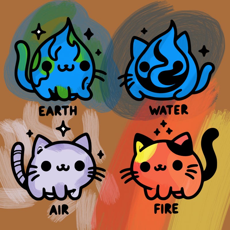 4 cats that represent the different elements, earth, water, air, and fire