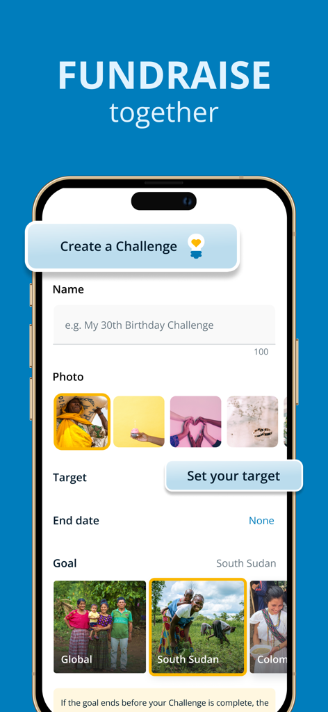 ShareTheMeal: Charity Donate - Mobile app screen for creating a fundraising challenge in ShareTheMeal