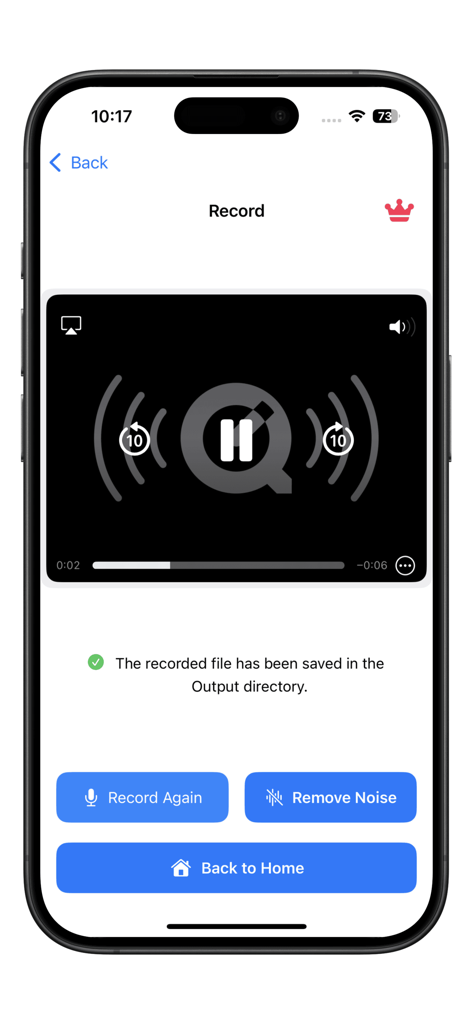 Voice Recorder AI Voice Memos - Voice Recorder AI app interface showing a finished recording with options to remove noise and record again