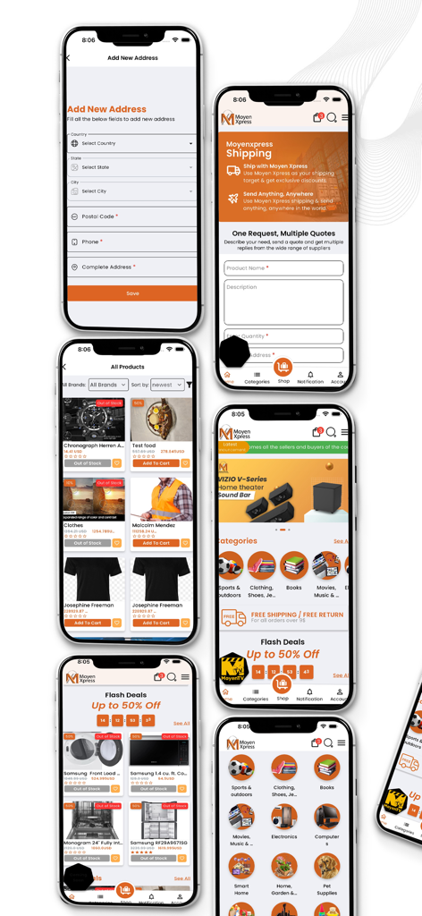 Moyen Xpressのモバイルアプリ画面のコレクション。商品カテゴリ、フラッシュセール、チェックアウトフォームが表示されています。