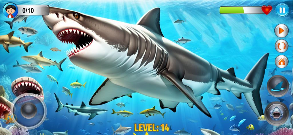 Angry Shark Simulator Games 3d - A large shark swimming through a blue 3D underwater world in Angry Shark Simulator