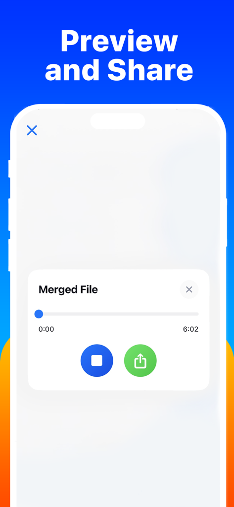 Uma interface móvel para o aplicativo Merge Voice Memos mostrando a tela de pré-visualização e compartilhamento com uma barra de reprodução para um arquivo de áudio combinado e um ícone de compartilhamento verde.