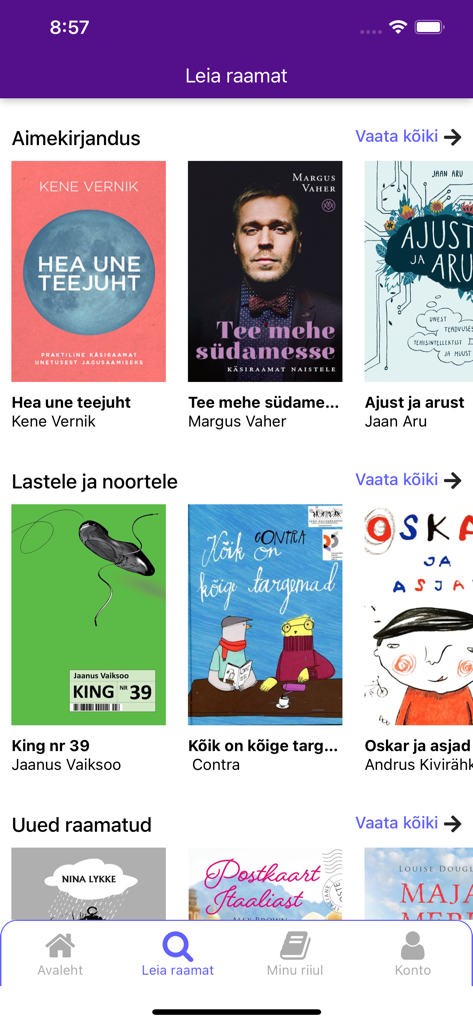 Digiread - Browsing screen of the Digiread app showing various Estonian audiobook categories and covers.