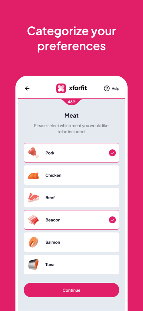 xForFit App-Bildschirm zur Auswahl von Ernährungspräferenzen für Fleisch, einschließlich Optionen für Schwein, Huhn, Rind und Fisch