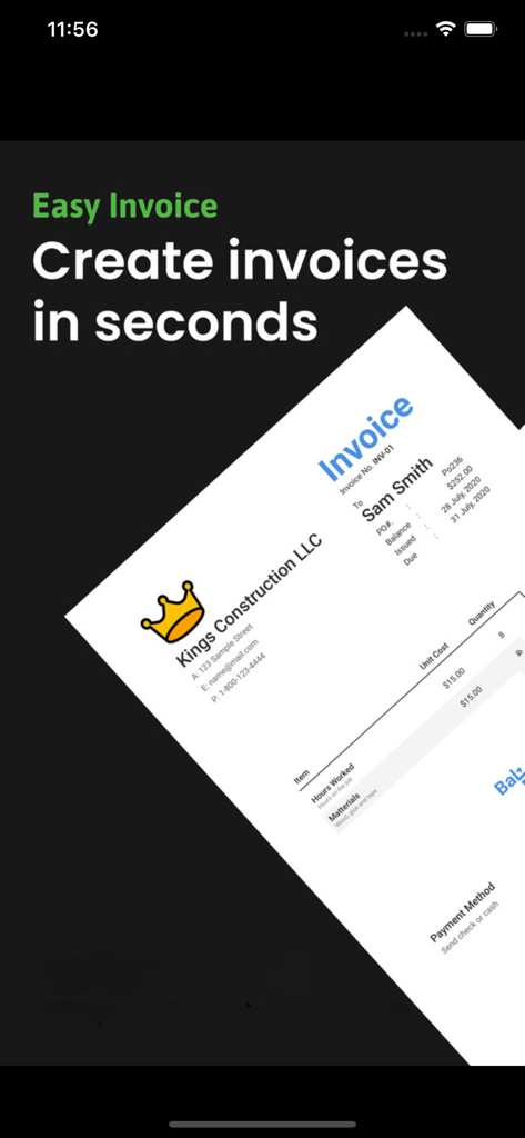 Invoiceto : Invoice Generator - A professional invoice template for a construction company created on a mobile app with the text Create invoices in seconds
