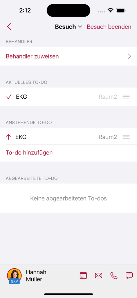 Benutzeroberfläche der Arztpraxis-Management-App mit Patientenaufgaben und Besuchsdetails.