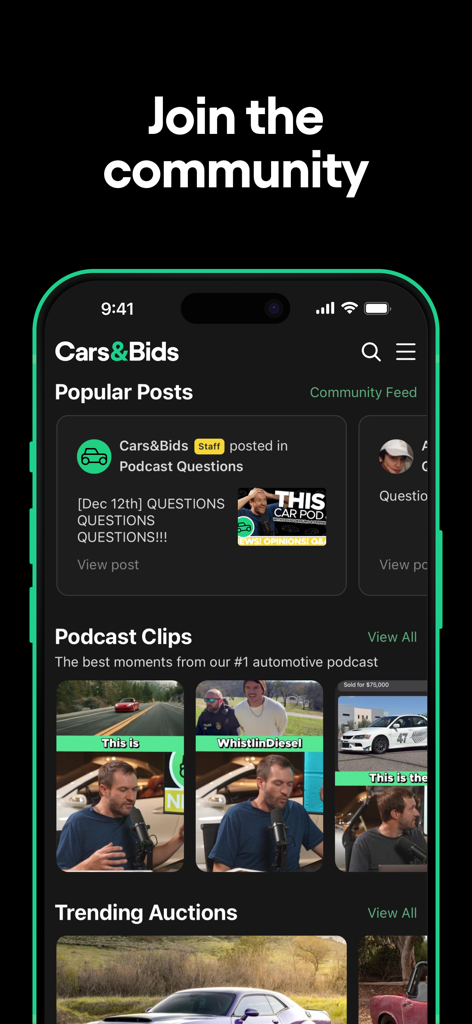 Cars & Bids Auctions - Cars and Bids app screen showing community posts and automotive podcast clips