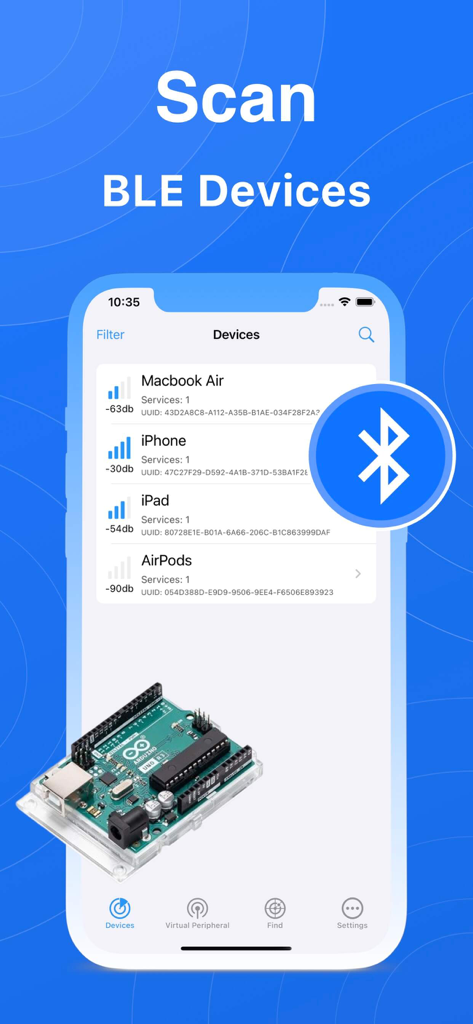 BlueTools Bluetooth Assistant - BlueTools app screen showing a list of scanned Bluetooth devices with signal strength