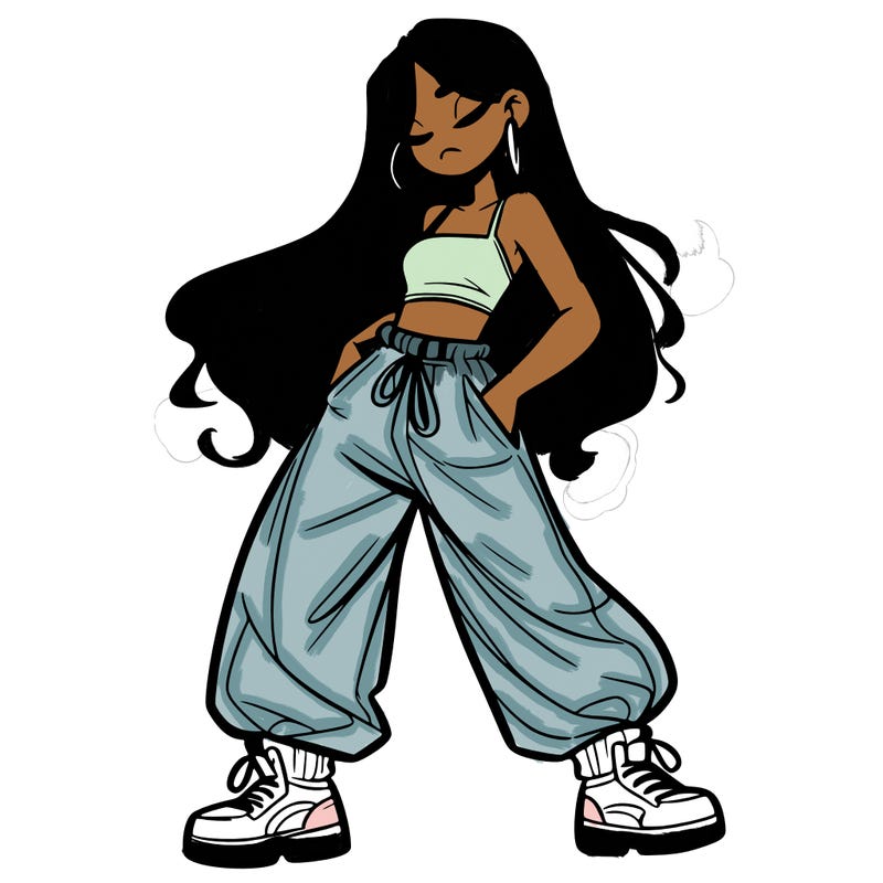 girl in baggy pants crop top and long hair