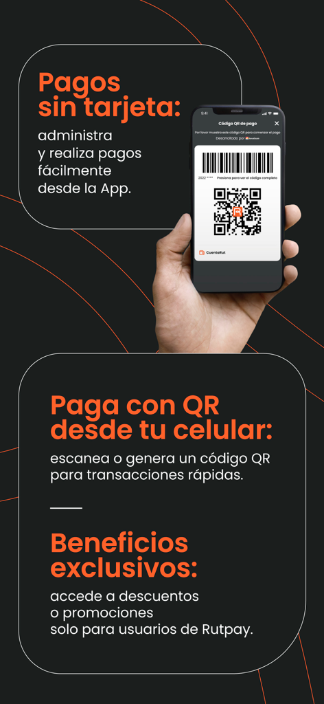 Rutpay: Tu nueva forma de pago - Pantalla de la aplicación Rutpay mostrando una mano sosteniendo un teléfono con un código QR para pagos sin tarjeta y texto promocional en español