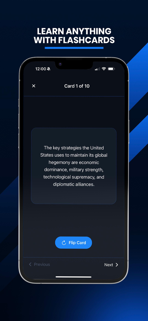 QuizMate app screen displaying a digital study flashcard on an iPhone