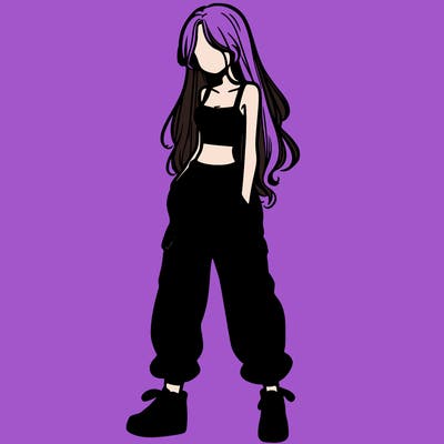 girl in baggy pants crop top and long hair