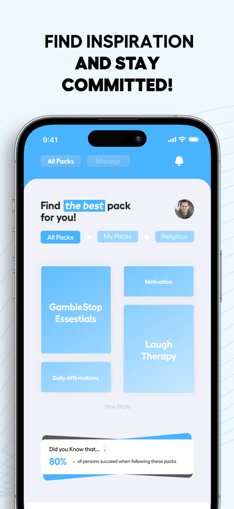 GambleStop: Quit Gambling - Interface de l'application GambleStop présentant des packs de motivation comme des affirmations quotidiennes et de la thérapie par le rire pour le rétablissement du jeu.