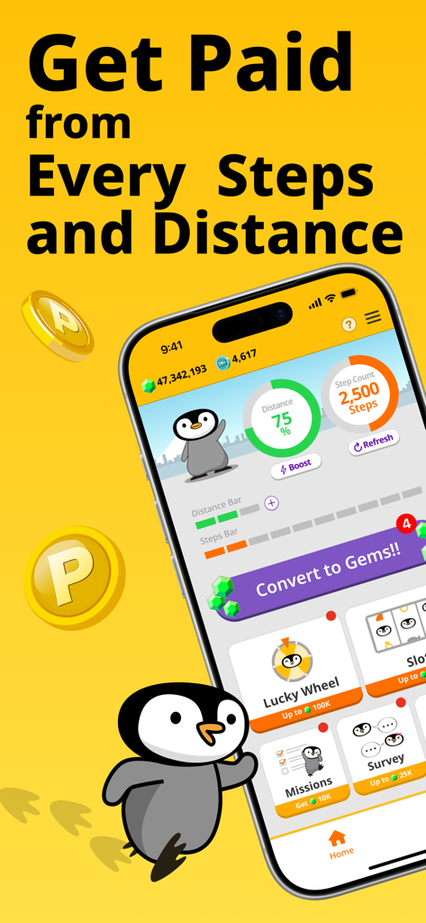 GeoSmile app interface showing rewards for steps and travel distance with a penguin mascot