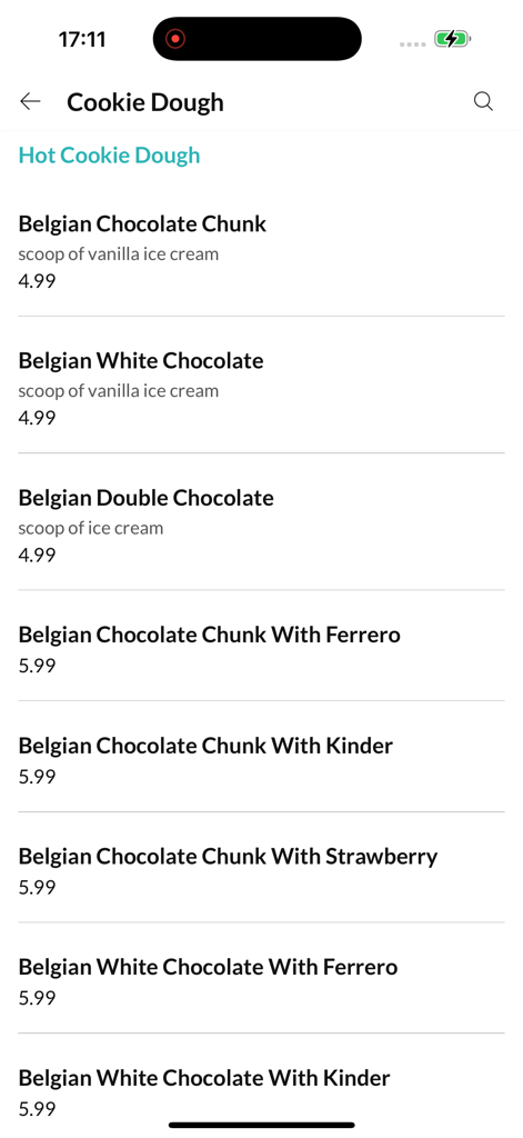Big Bite. - A list of various Belgian chocolate cookie dough options on the Big Bite mobile app menu.