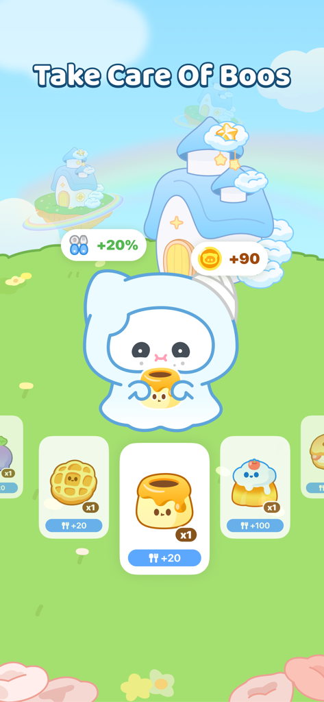 Interface of the Adoraboo app showing a cute white pet character being fed various desserts to earn points.