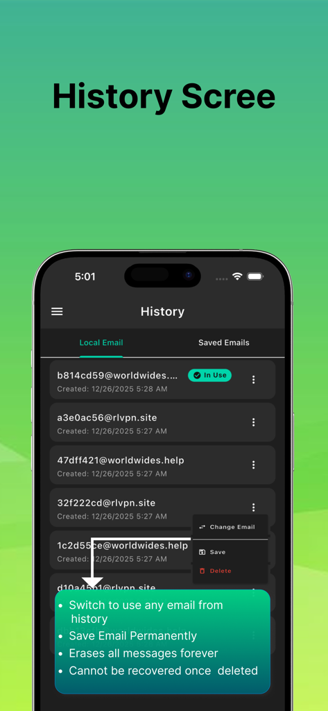 History screen of the Temp Mail Pro app displaying a list of generated disposable email addresses and management options.