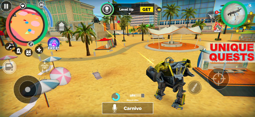 Jugabilidad de Vegas Crime Simulator con un robot gigante en una playa con edificios urbanos de fondo.