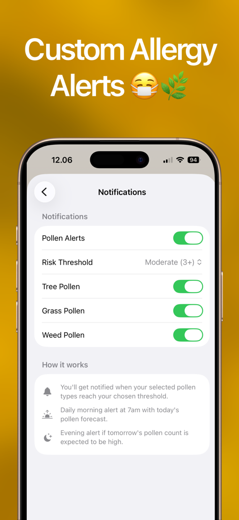 Pollen Count Today: Tracker - Configuración de notificaciones en la aplicación Recuento de Polen Hoy que muestra alertas de alergias personalizadas y umbrales de riesgo.