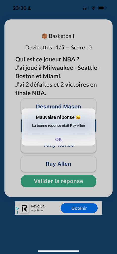 Devinette Joueur - Pantalla de pregunta de trivia de baloncesto con retroalimentación de respuesta incorrecta en la aplicación Adivina Jugador