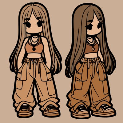 girl in baggy pants crop top and long hair