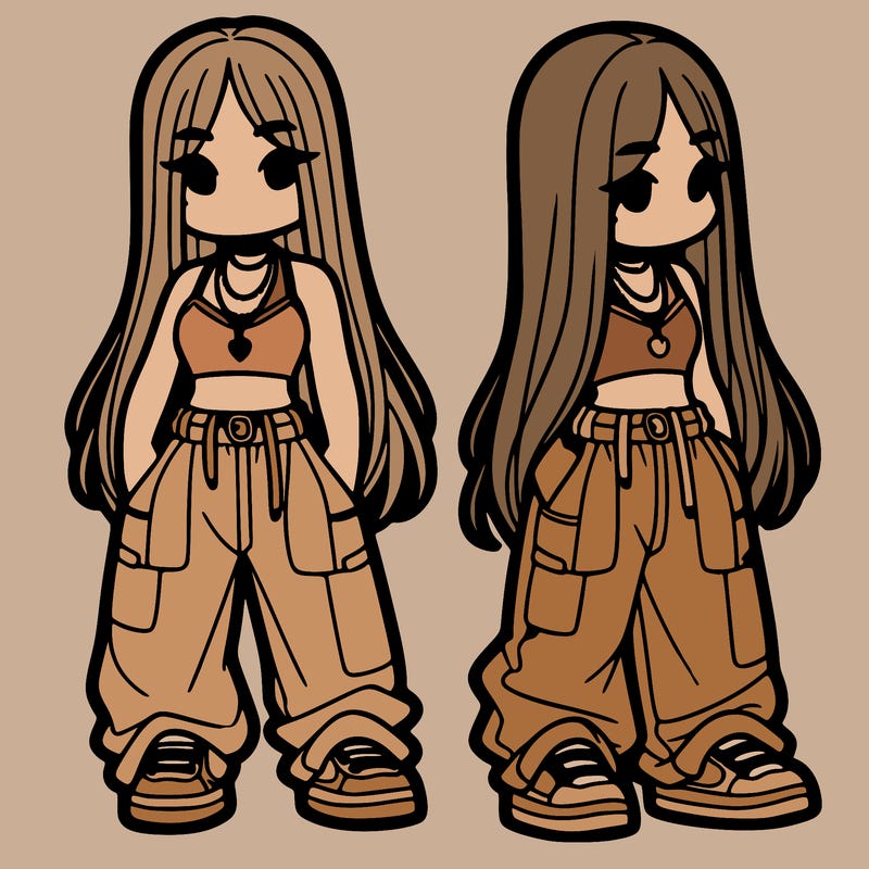 girl in baggy pants crop top and long hair