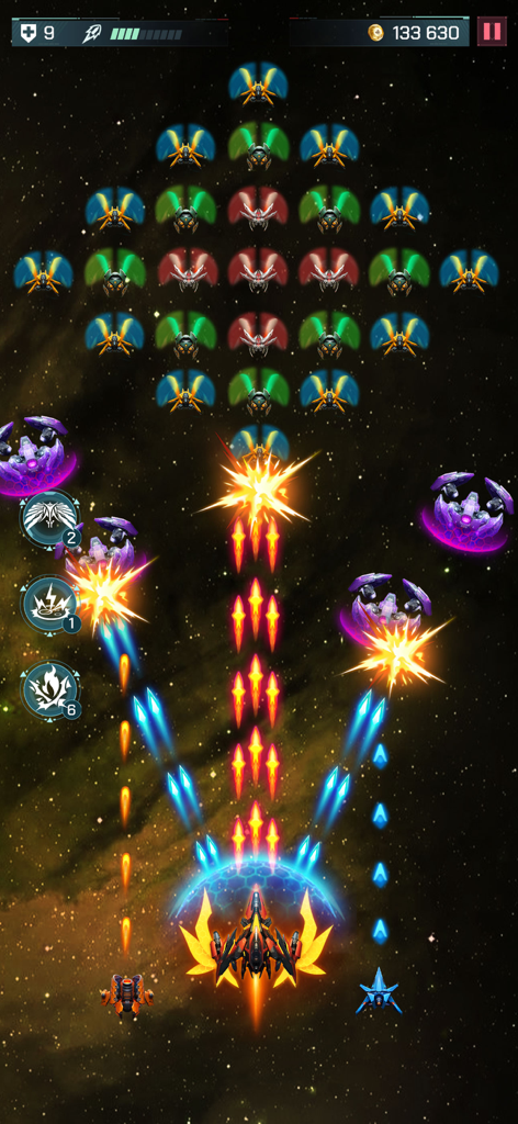 Universe Invader 2: Alien War - A spaceship firing multiple lasers at a formation of alien enemies in deep space