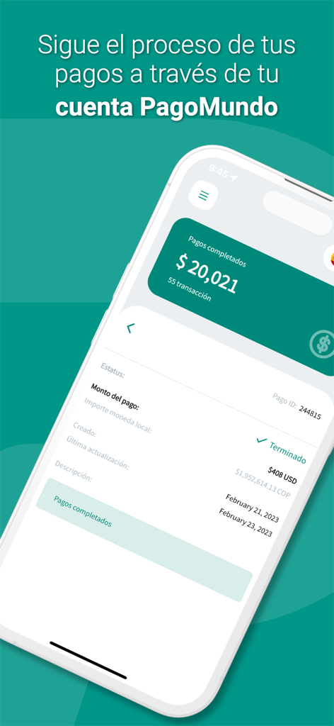 PagoMundo - PagoMundo mobile app interface showing a completed cross-border transaction in USD and Colombian Pesos