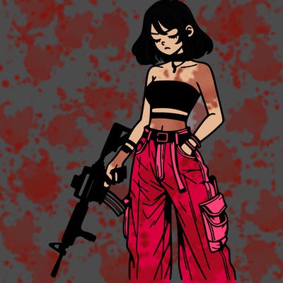 a dangerous girlcrop top and baggy jeans with a rifle in her hand