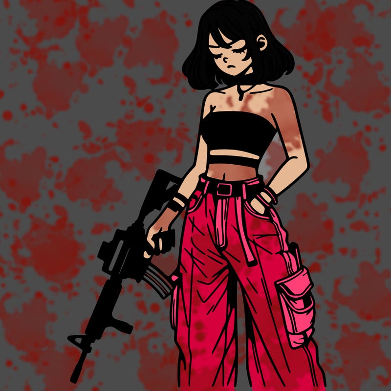 a dangerous girlcrop top and baggy jeans with a rifle in her hand