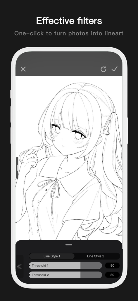 Pofi Brush - Sketch & Paint - Mobile interface of Pofi Brush showing a photo converted into clean anime line art with adjustable threshold settings.