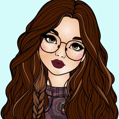 girl with long hair and freckles and glasses realistic