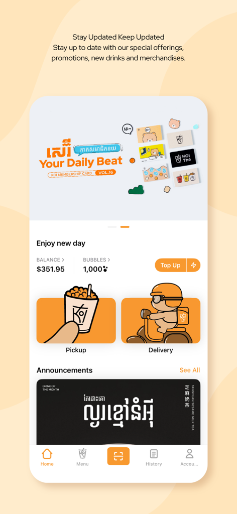 KOI Thé Cambodia - KOI Thé Cambodia app home screen displaying membership rewards balance and options for pickup and delivery
