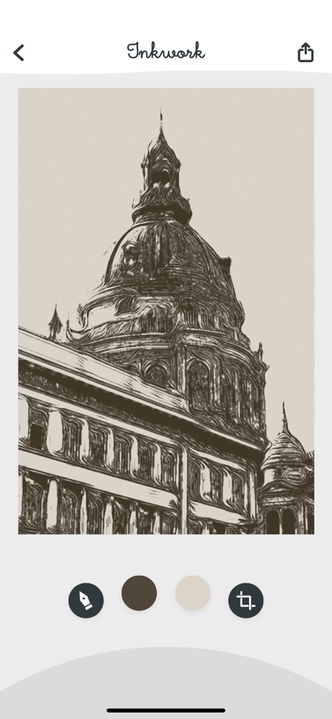 Inkwork - Inkwork app interface showing a photo of a building dome transformed into an ink drawing