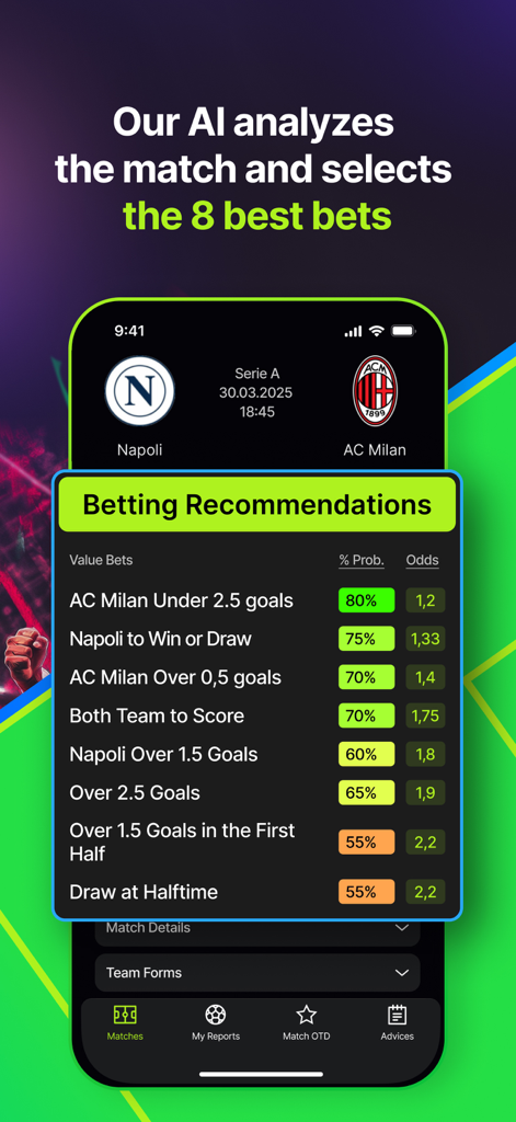 Football Predictions: AIdviser - AIdviser app interface showing AI-powered football betting recommendations and match outcome probabilities.
