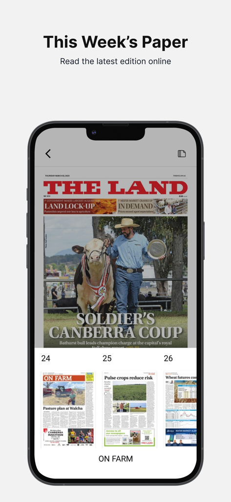 The Land: News & Livestock - Digital newspaper edition of The Land agricultural news on a smartphone