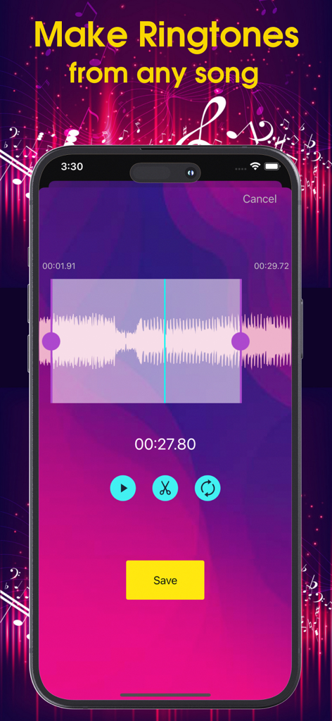 Smartphone screen displaying a music editing tool to create custom ringtones from any song