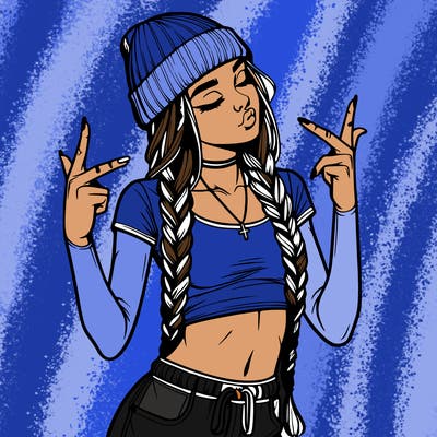 realistic teenage girl with braids and a beanie and crop top doing 🫶🏼