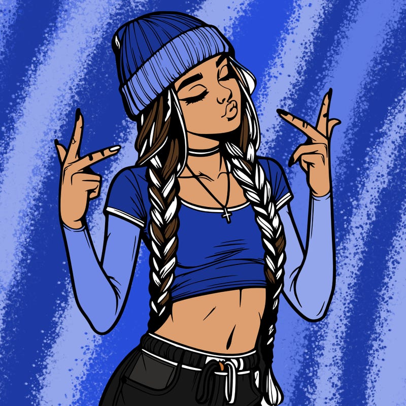 realistic teenage girl with braids and a beanie and crop top doing 🫶🏼