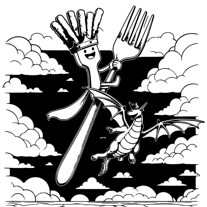 realistic fork wearing a crown riding on a dragon in floating iskands and eatind mozzarella sticks