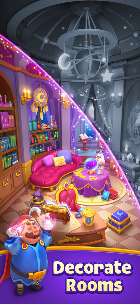 A royal pig character in a magic wizard room with the text Decorate Rooms