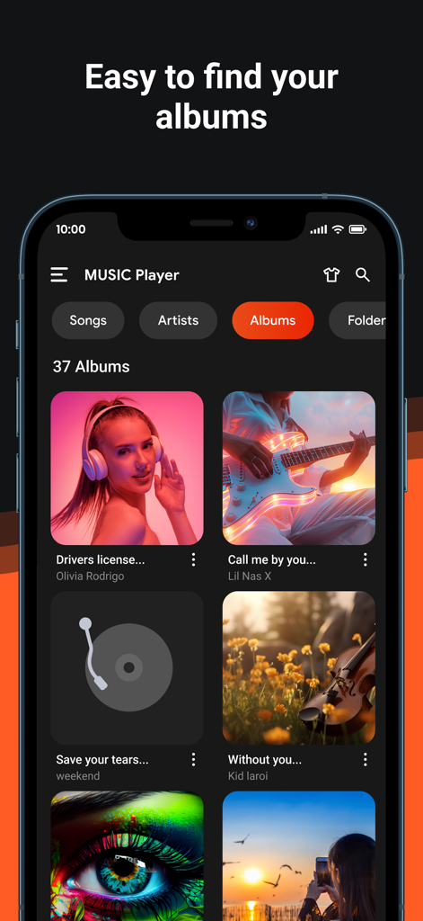 mp3 songs - Play Music - Album library grid in the mp3 songs music player app