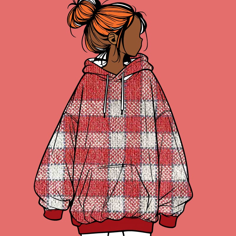 realistic girl with a oversized sweatshirt on and a bun