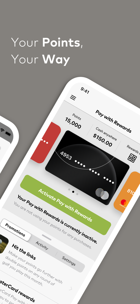 Pay with Rewards - Mastercard Pay with Rewards app dashboard showing a points balance of 15000 and its 150 dollar cash equivalent