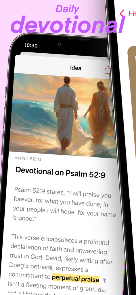 Pantalla de devocional diario sobre el Salmo 52:9 de la aplicación Ruth Bible para mujeres.